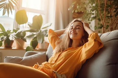Glückliche Frau, die sich zu Hause auf dem Sofa entspannt – Lächelndes Mädchen, das ihren freien Tag auf der Couch genießt, gesunder Lebensstil, Menschen mit positiver Ausstrahlung und ein neues Wohnkonzept